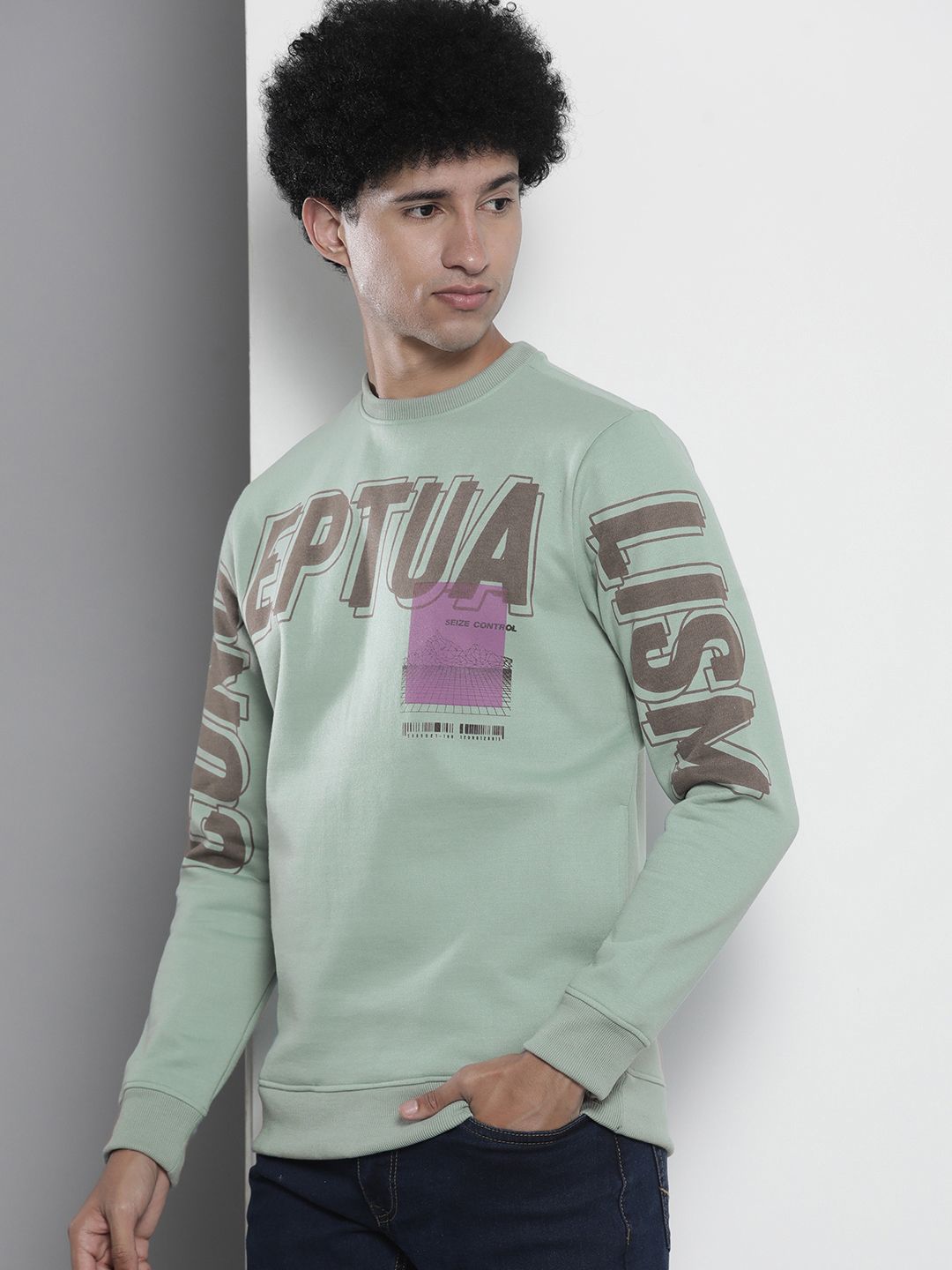 The Indian Garage Co Men Sea Green & Brown Printed Sweatshirt