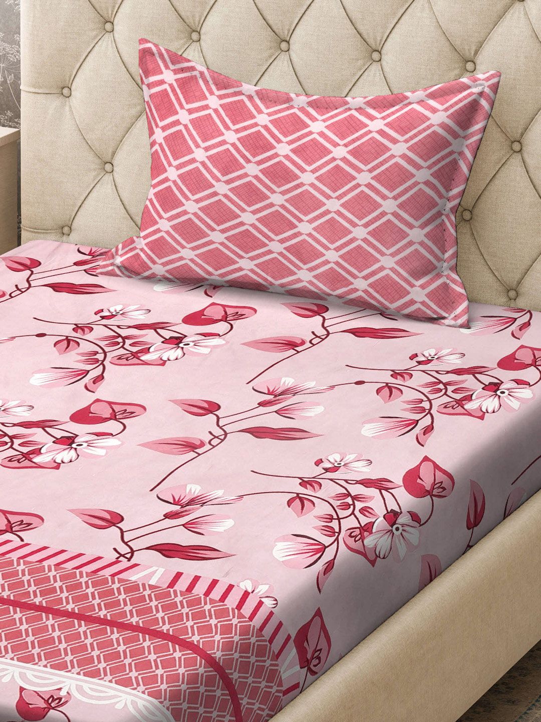 KLOTTHE Red & Pink Printed 300TC Dipasang Cadar Bujang & Sarung Bantal