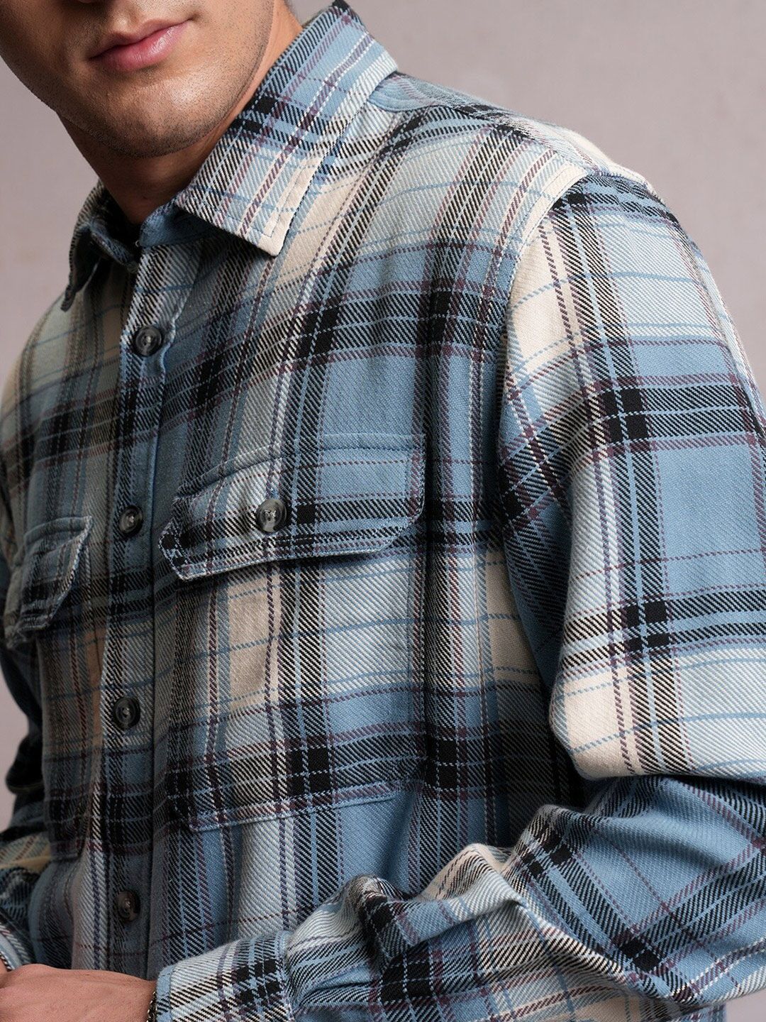 Locomotive Men Blue Dobby Textured Checked Utility Pocket Overshirt