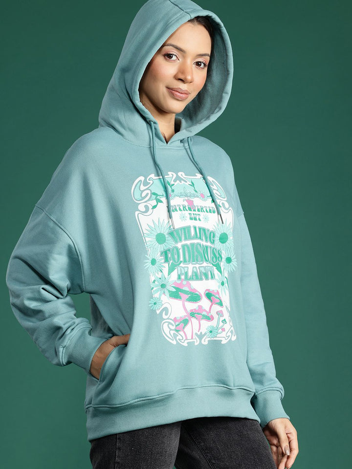 DressBerry Conversational Printed Drop-Shoulder Sleeve Hooded Sweatshirt