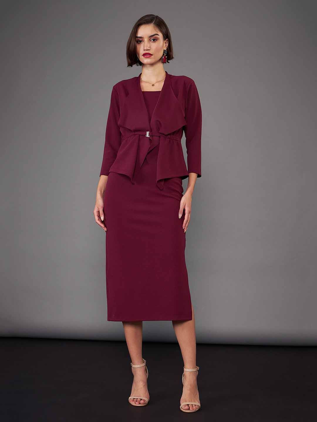 SASSAFRAS worklyf Shoulder Straps Sheath Midi Dress With Crop Shrug