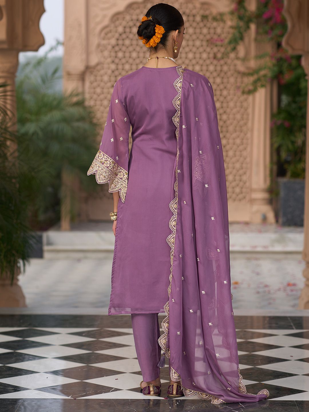 Indo Era Ethnic Motifs Embroidered Zari Organza Kurta With Trousers And Dupatta