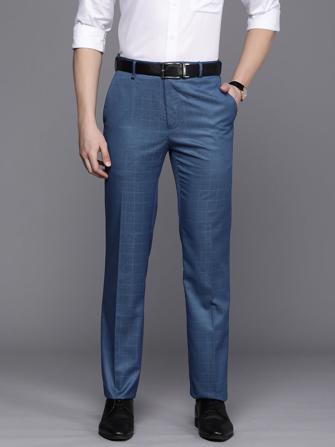 Raymond Men Mid-Rise Contemporary Fit Checked Trousers