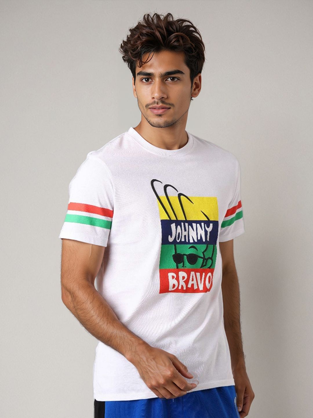The Indian Garage Co Men Johnny Bravo Graphic Printed Round Neck Cotton Slim Fit T-shirt