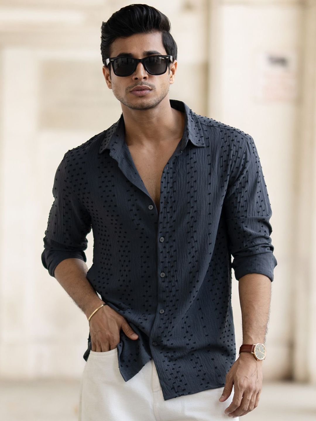 Powerlook Men Spread Collar Textured Casual Shirt