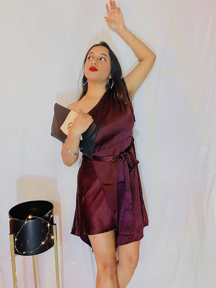 STREET 9 Women Burgundy Solid One-Shoulder Fit and Flare Dress