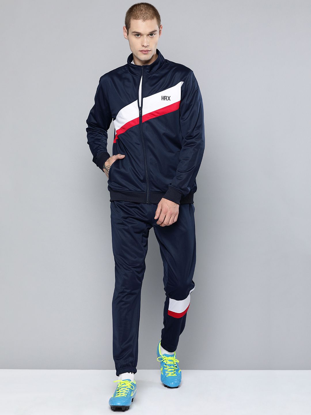 HRX by Hrithik Roshan Men Navy Blue & White Colourblocked Football Tracksuits