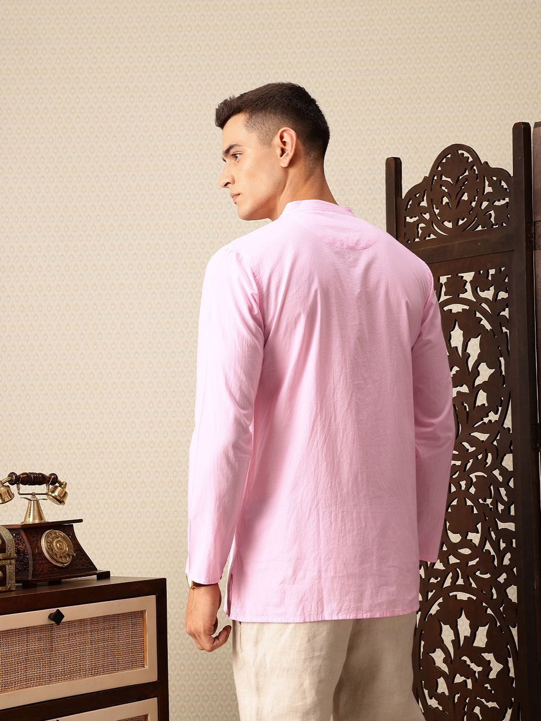 House of Pataudi Floral Embroidered Band Collar Pure Cotton Jashn Kurta