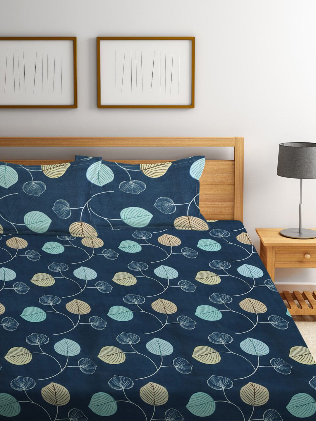 KLOTTHE Blue Floral 300 TC Cotton Blend Double Bedsheet Set