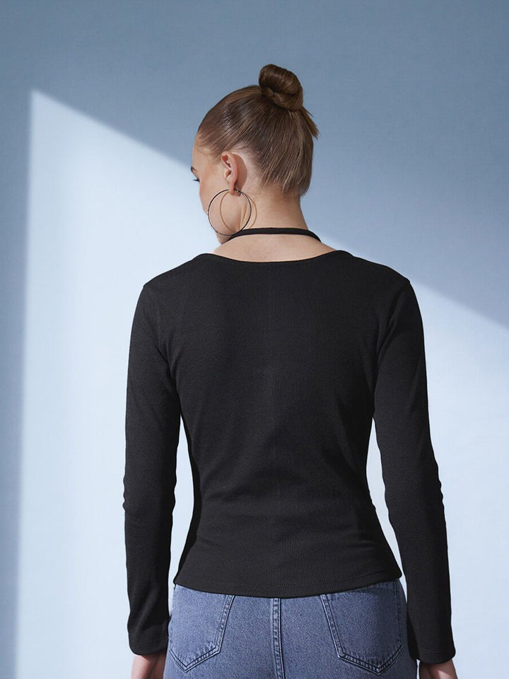 STREET 9 Sweetheart Neck Long Sleeves Opaque Styled Back Casual Top
