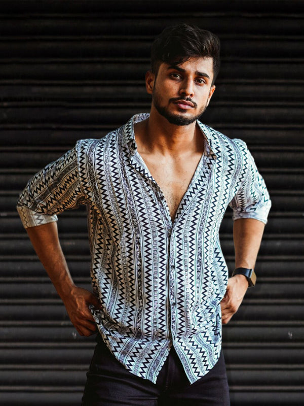 Powerlook White & Black Geometric Printed India Slim Drop-Shoulder Shirt