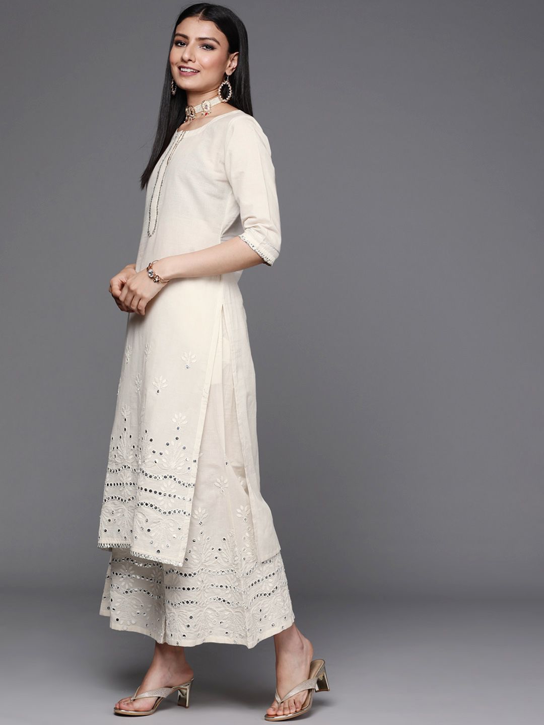 Libas Women Off White  Floral Mirror detail Cotton Straight Kurta & Palazzos with Dupatta