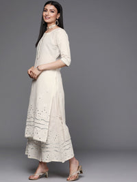 Libas Women Off White  Floral Mirror detail Cotton Straight Kurta & Palazzos with Dupatta