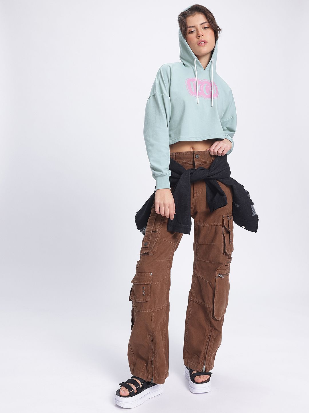 DressBerry Boxy Printed Hooded Cropped Sweatshirt