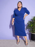 SASSAFRAS Curve Blue Plus Size V-Neck Puff Sleeves Belted Sheath Midi Dress