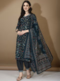KALINI Floral Printed V-Neck Thread Work Straight Kurta with Trousers & Dupatta