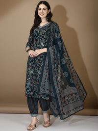 KALINI Floral Printed V-Neck Thread Work Straight Kurta with Trousers & Dupatta
