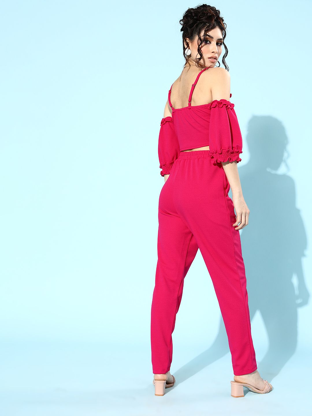 Athena Women Pink Self-Design Off-Shoulder Top with Trousers