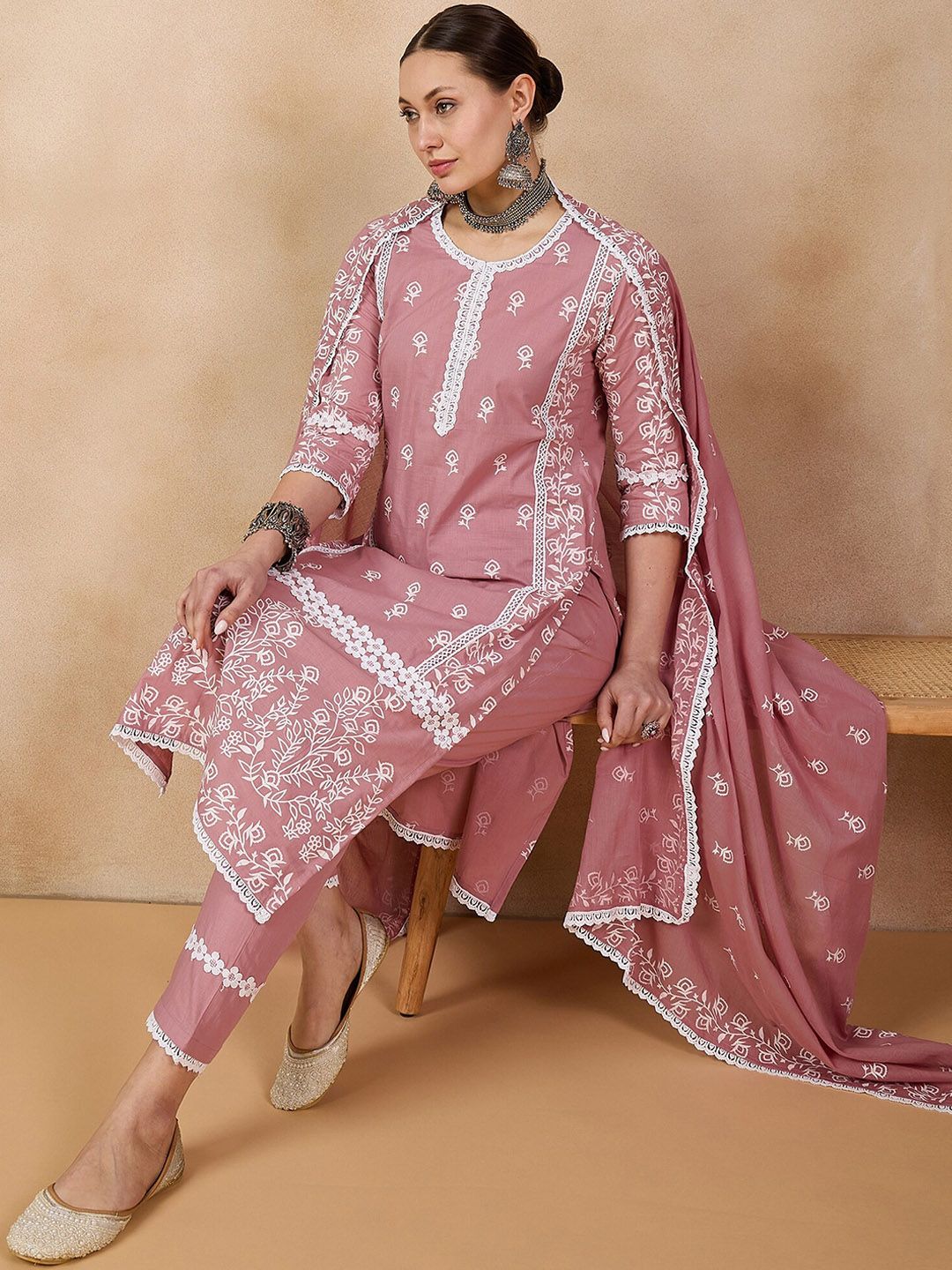 Anouk Floral Printed Round Neck Three-Quarter Sleeves Pure Cotton Kurta St