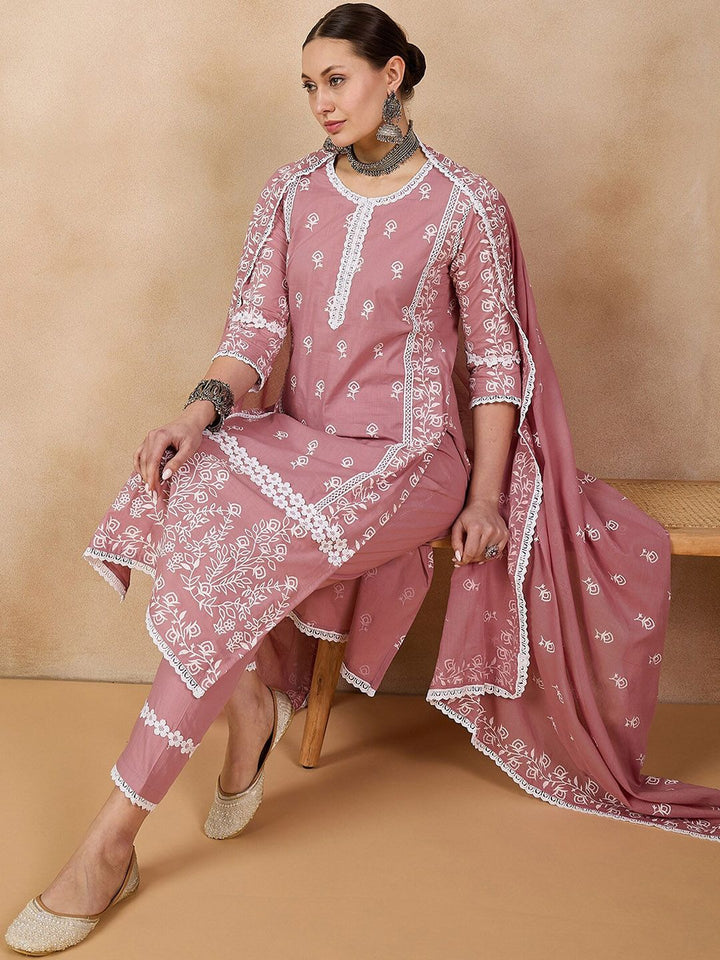 Anouk Floral Printed Round Neck Three-Quarter Sleeves Pure Cotton Kurta St