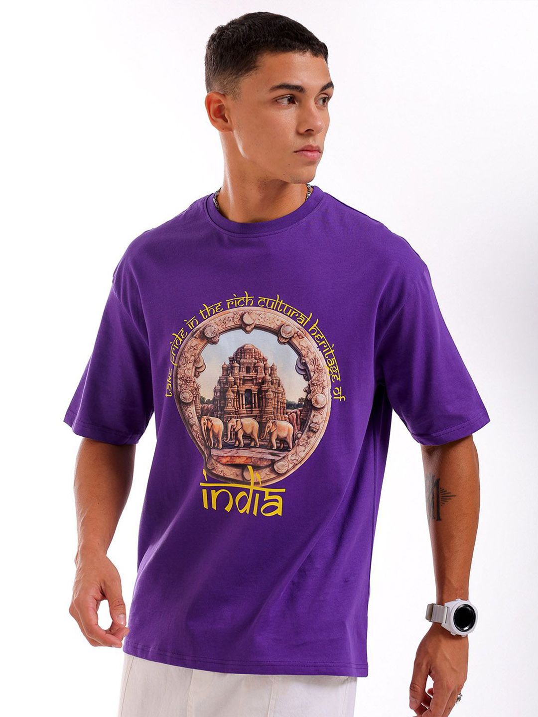 The Indian Garage Co Pure Cotton Typography Printed Boxy Oversized Round Neck T-shirt