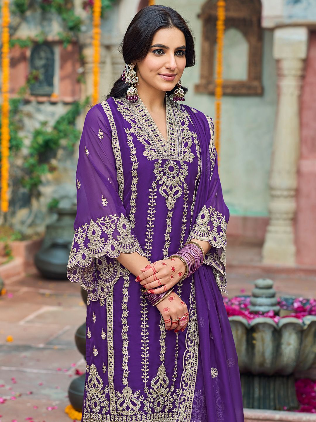 Indo Era Floral Embroidered V-Neck Zari Organza Straight Kurta With Trousers And Dupatta