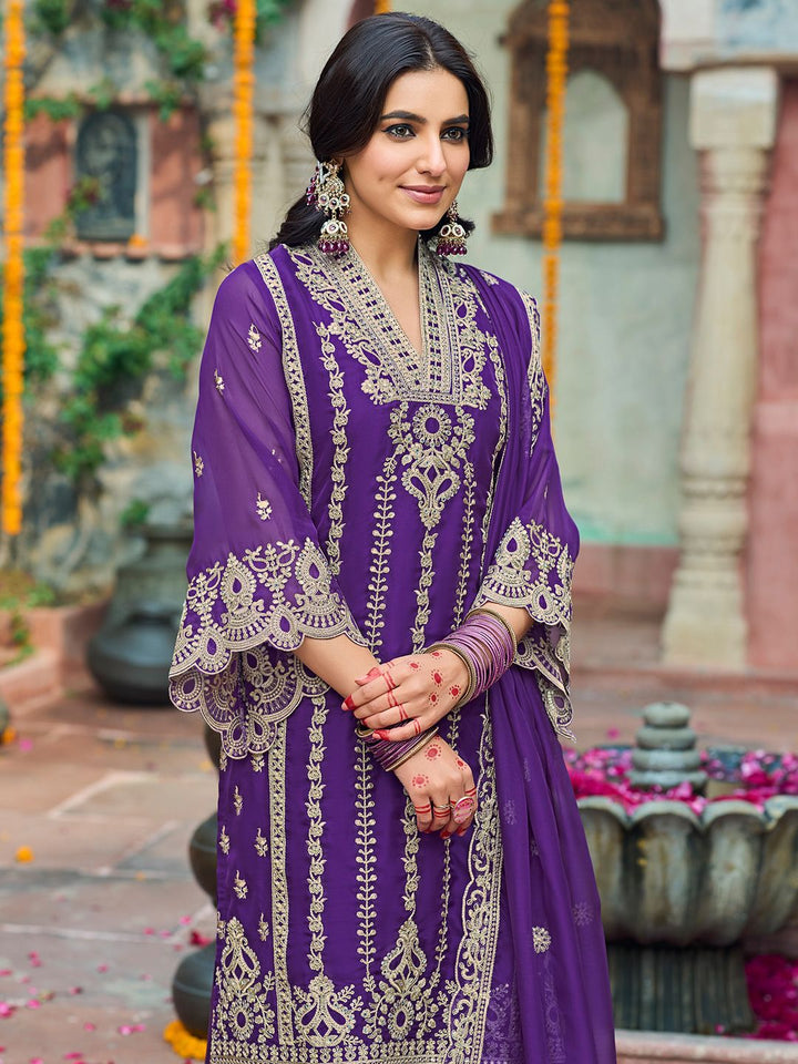 Indo Era Floral Embroidered V-Neck Zari Organza Straight Kurta With Trousers And Dupatta