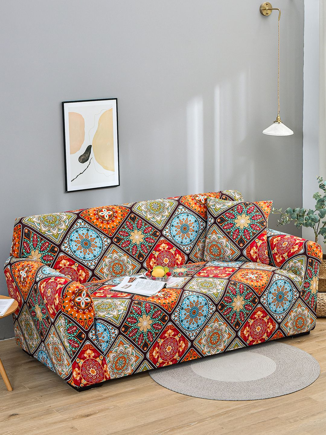 Story@home Orange & Yellow Printed 3 Seater Stretchable Sofa Cover With Arms