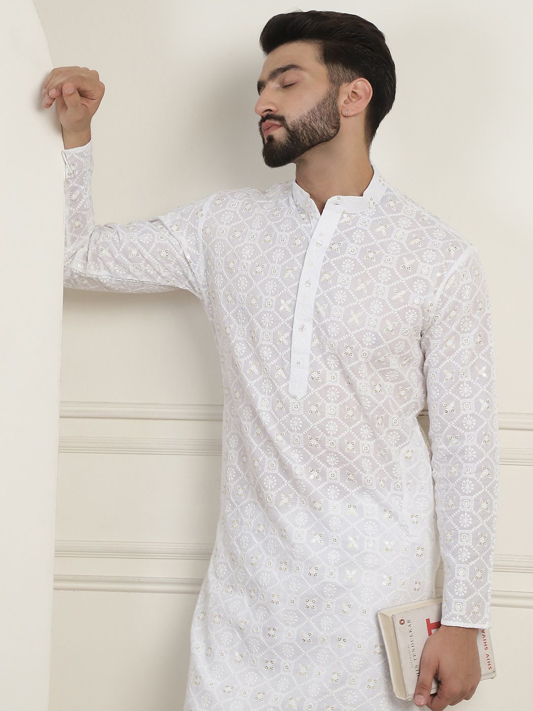 SOJANYA Ethnic Motifs Embroidered Mandarin Collar Sequined Pure Cotton Straight Kurta