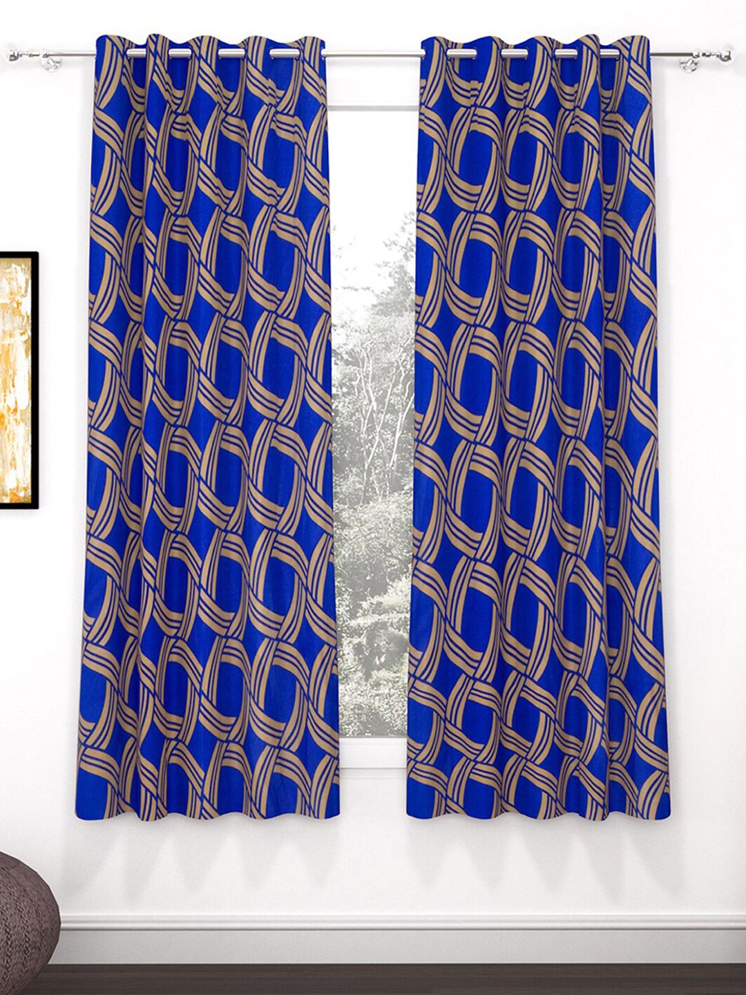 Story@home Nature Blue & Brown 2 Pieces Geometric Printed Window Curtains