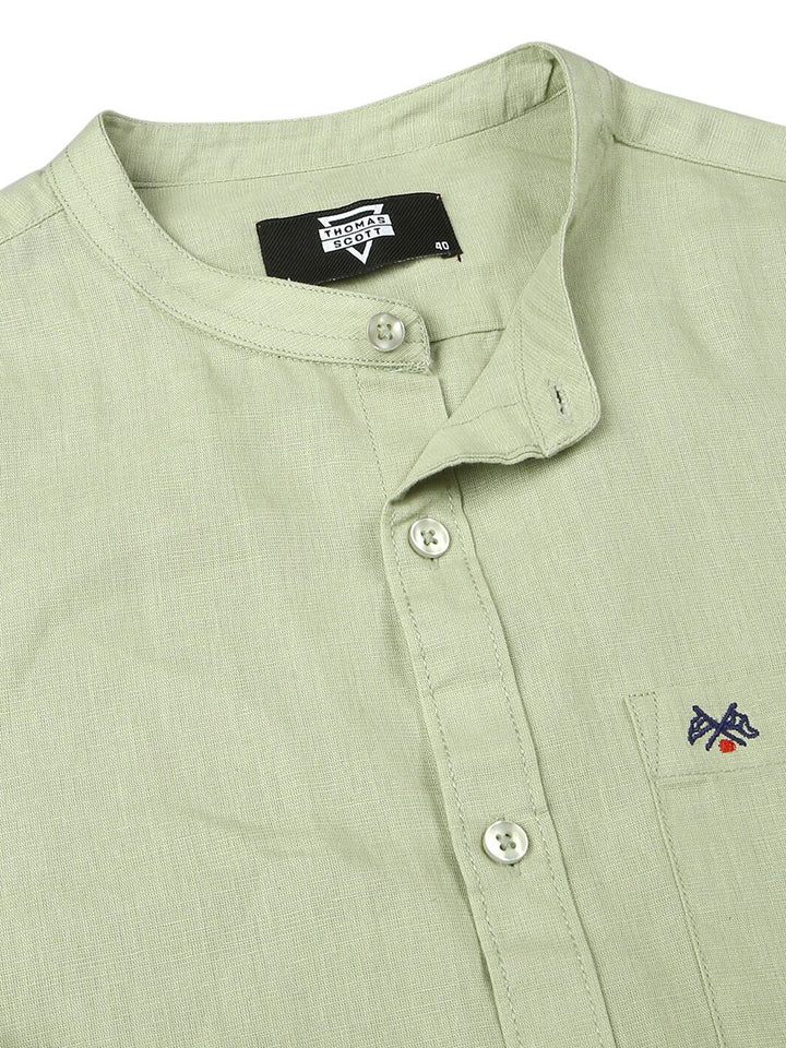 Thomas Scott Premium Cotton Linen Mandarin Collar Slim Fit Opaque Casual Shirt
