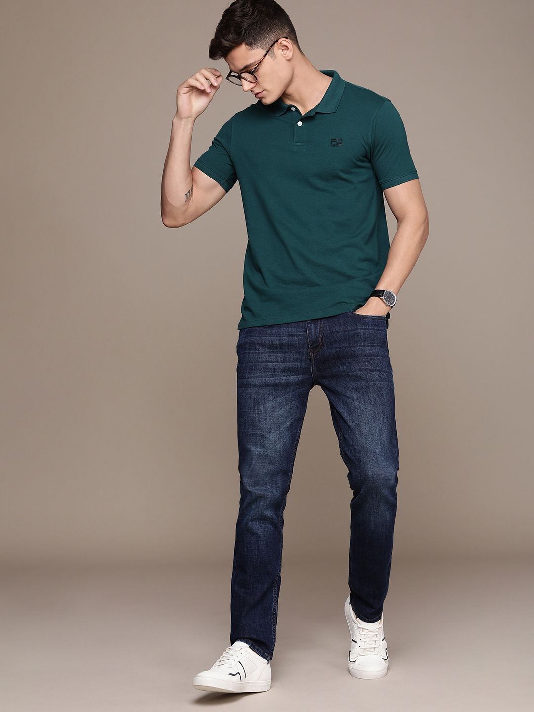 French Connection Polo Collar Knitted Pure Cotton T-shirt With Minimal Brand Logo Print