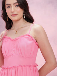 DressBerry Shoulder Straps Pleated Smocked A-Line Midi Dress