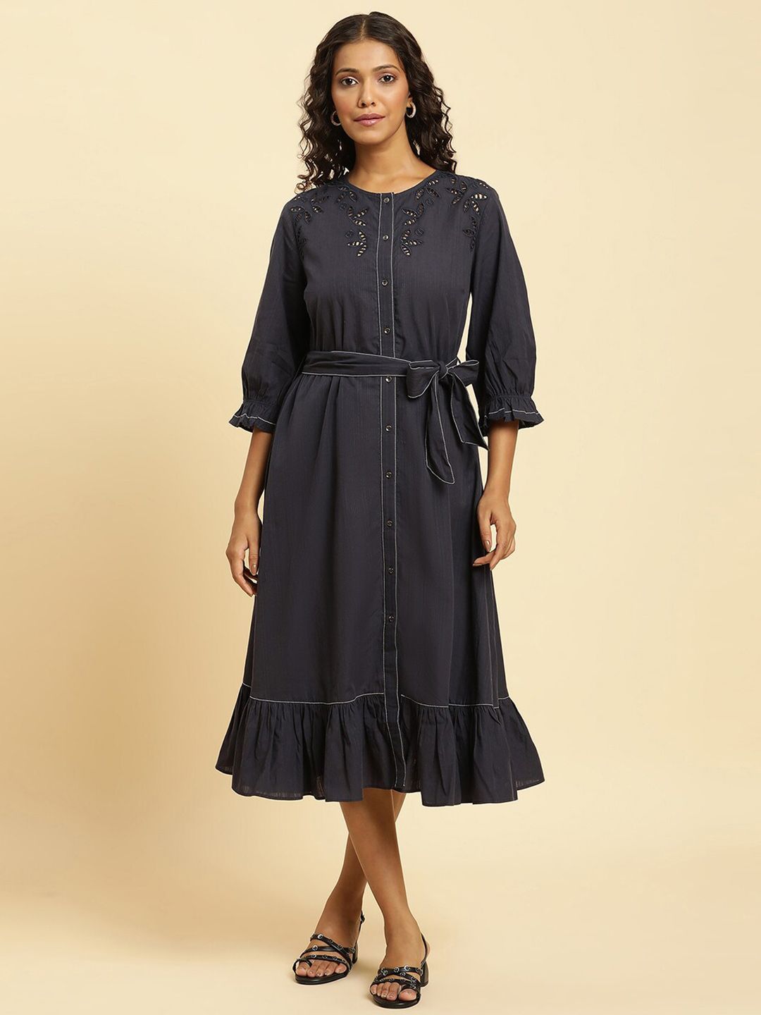 W Puff Sleeve Cotton A-Line Midi Dress