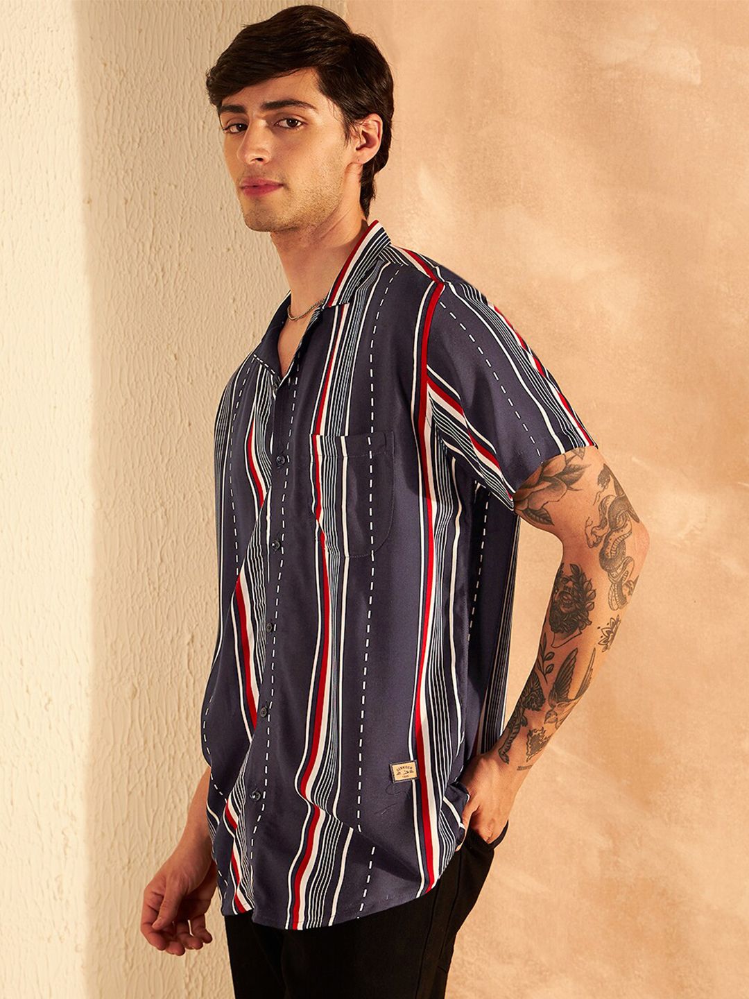 DENNISON Smart Vertical Stripeed Cuban Collar Oversized Casual Shirt