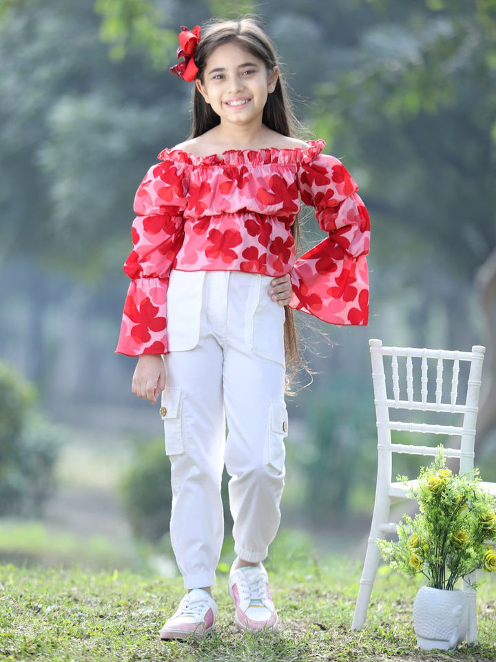 Cutiekins Girls Floral Printed Off-Shoulder Top with Trouser