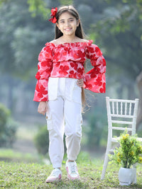 Cutiekins Girls Floral Printed Off-Shoulder Top with Trouser