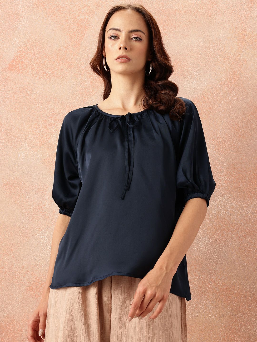 all about you Tie-Up Neck Puff Sleeves Gathered Detail Satin-Finish Top
