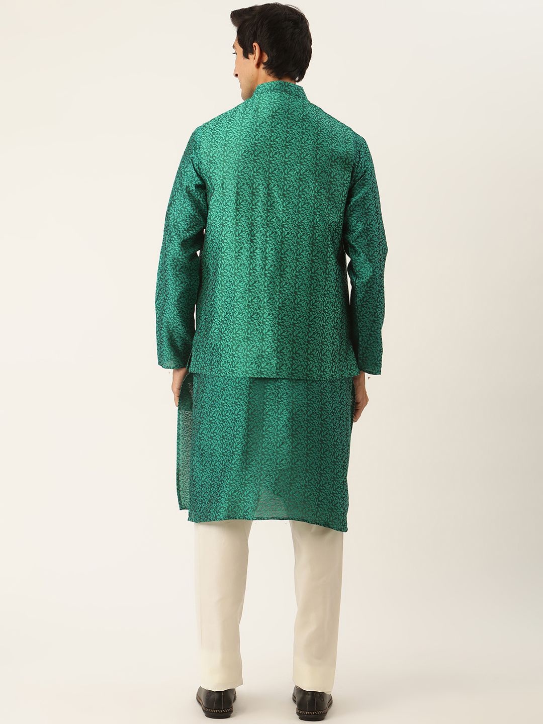 SOJANYA Set Kurta Lelaki Motif Etnik Hijau Dengan Jaket Nehru