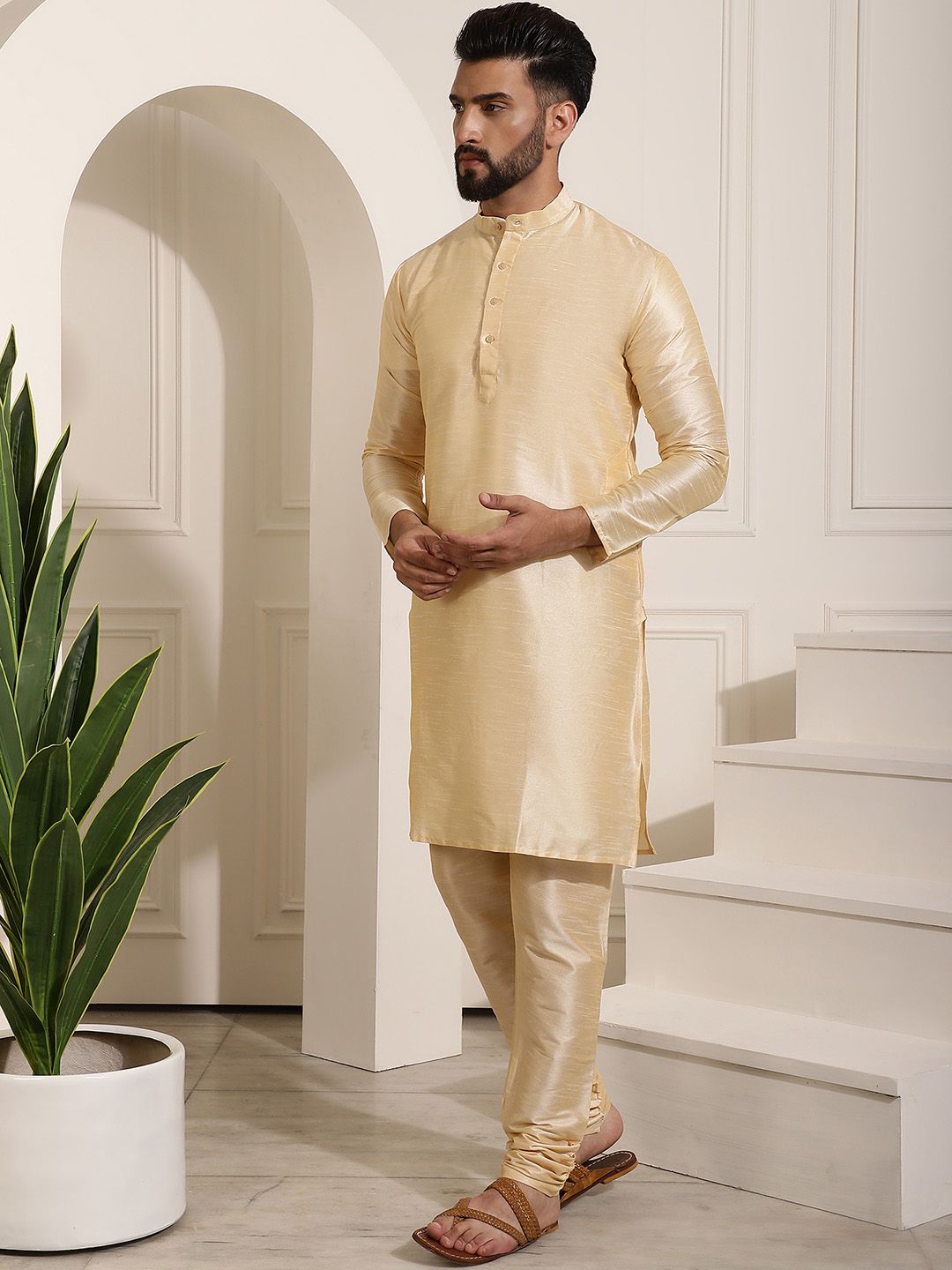 SOJANYA Men Solid Kurta with Churidar & Woven Design Nehru Jacket