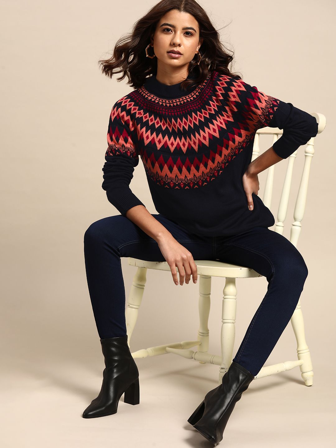 all about you Women Navy Blue & Pink Fair Isle Pattern Pullover