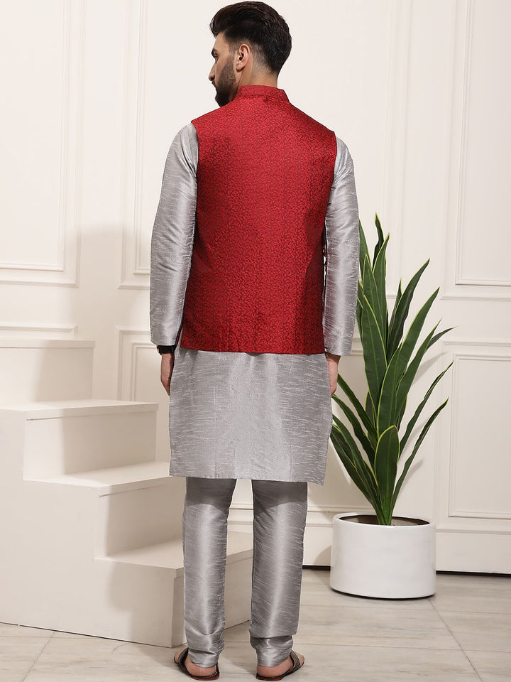 SOJANYA Men Grey & Maroon Kurta with Churidar And Nehru Jacket