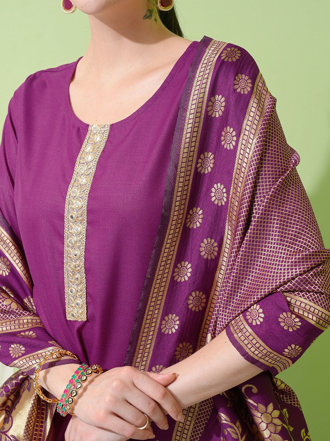 Vishudh Purple Yoke Design Thread Work Straight Kurta With Palazzos & Dupatta