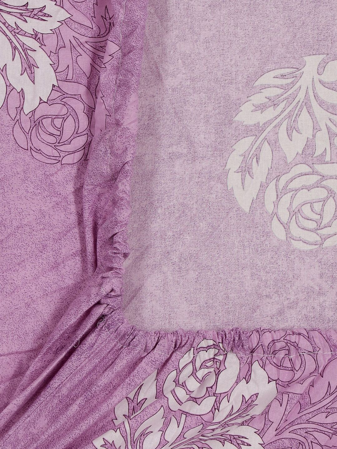 KLOTTHE Purple & White Floral-Printed 130GSM Pure-Cotton Fitted Double King Bedsheet Set