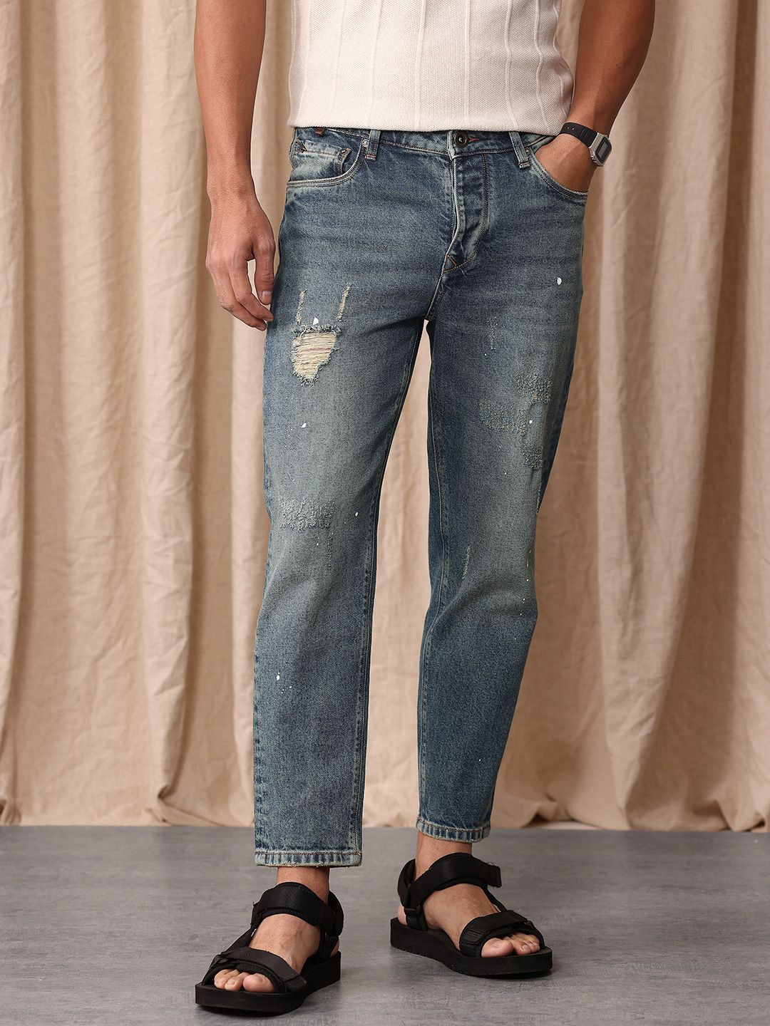 Mr Bowerbird Men Tapered Fit Mid-Rise Low Distress Heavy Fade Cropped Stretchable Jeans