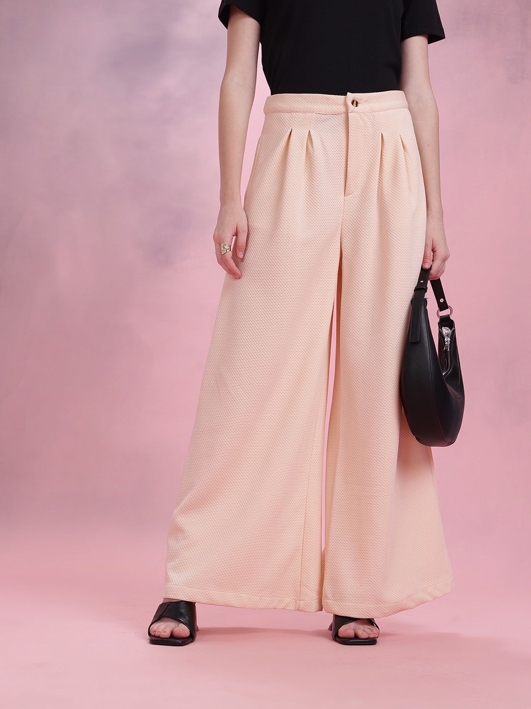 DressBerry Women Textured High-Rise Pleated Wide-Leg Trousers
