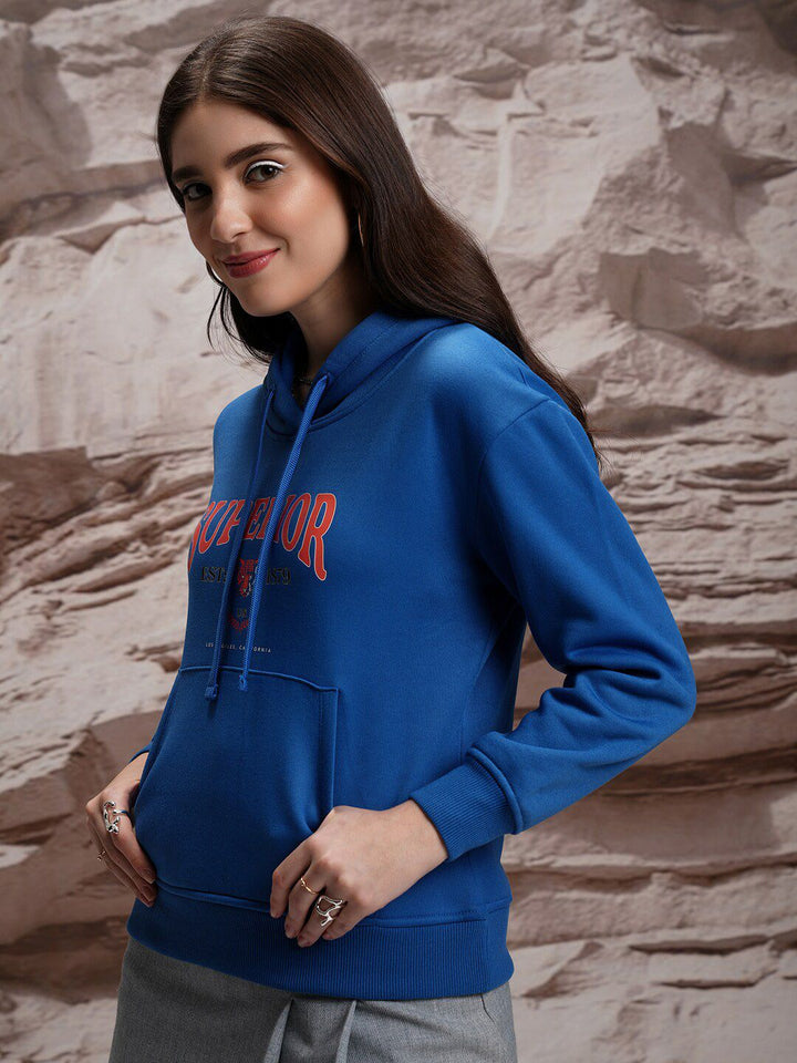 Tokyo Talkies Blue Typography Printed Hooded Relaxed Fit Sweatshirt