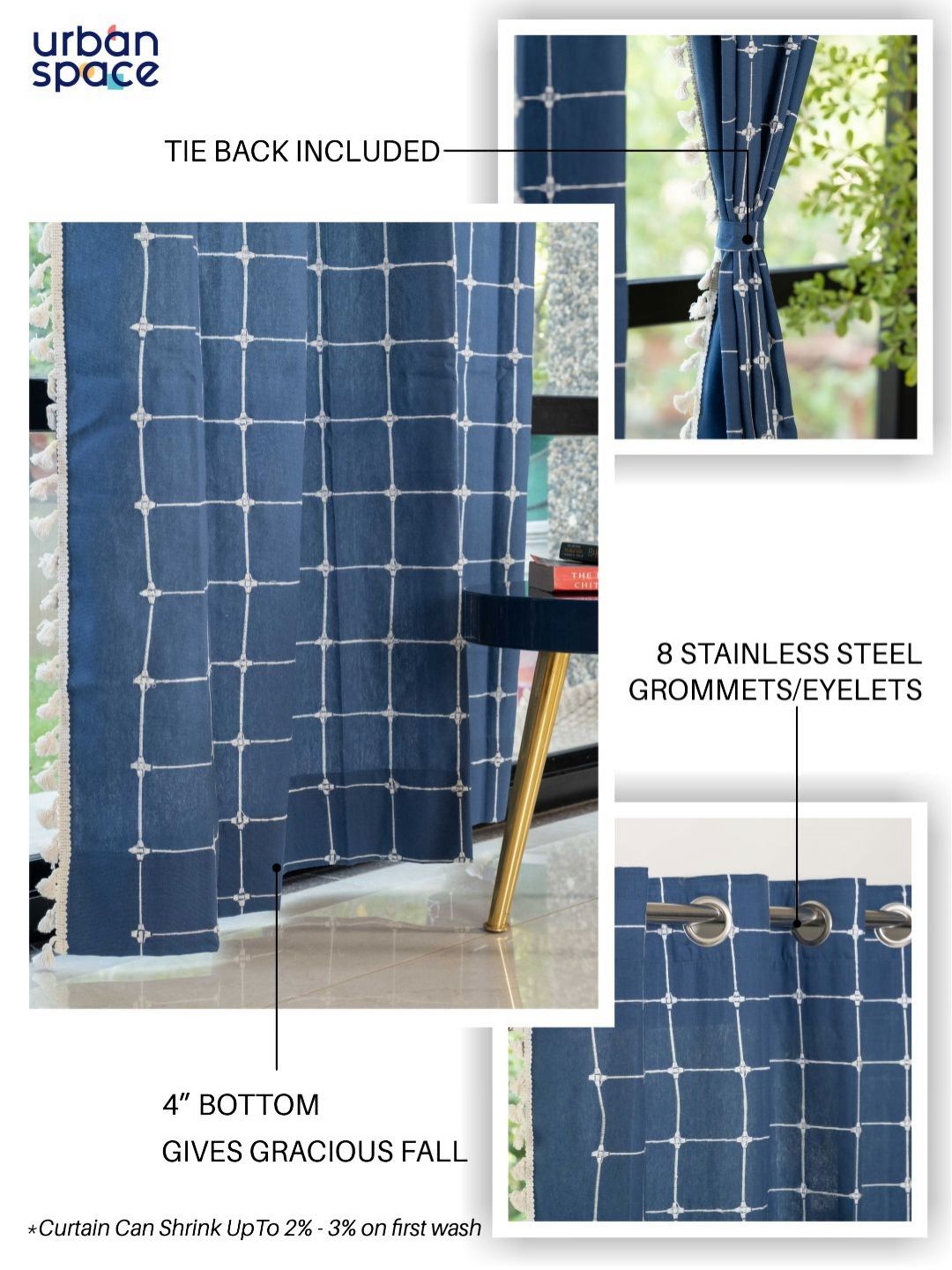 URBAN SPACE Blue & White Embroidered Long Door Curtain