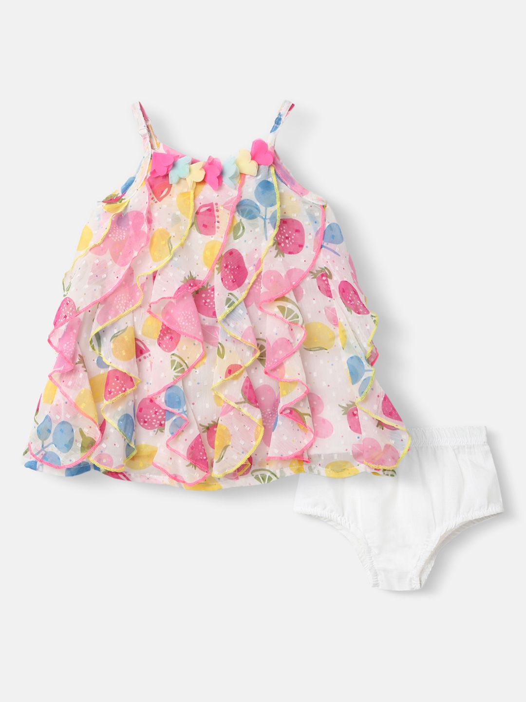 Nauti Nati Girls White & Pink Printed A-Line Dress with Ruffle Detail
