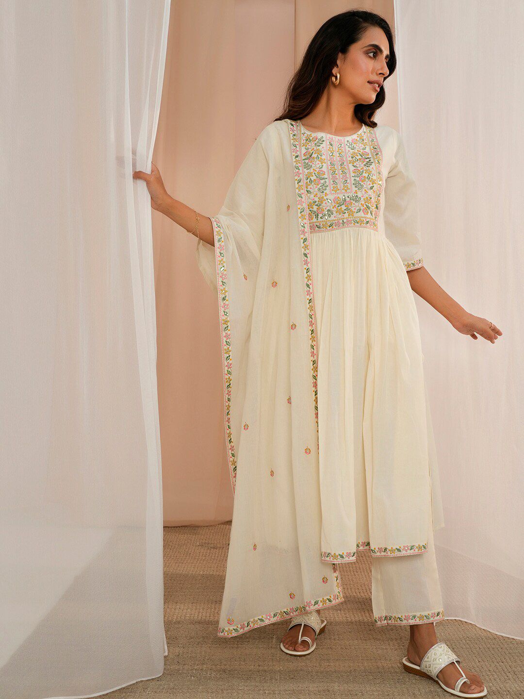 Libas Floral Yoke Design Pleated Thread Work Pure Cotton Kurta With Palazzos & Dupatta